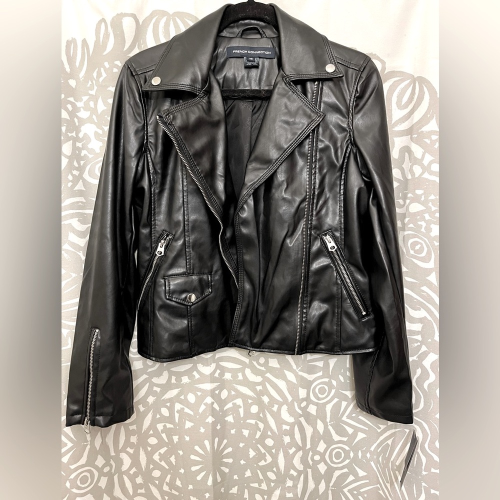 French Connection Black Leather Moto Jacket Asymmetrical Zipper - Picture 1 of 7